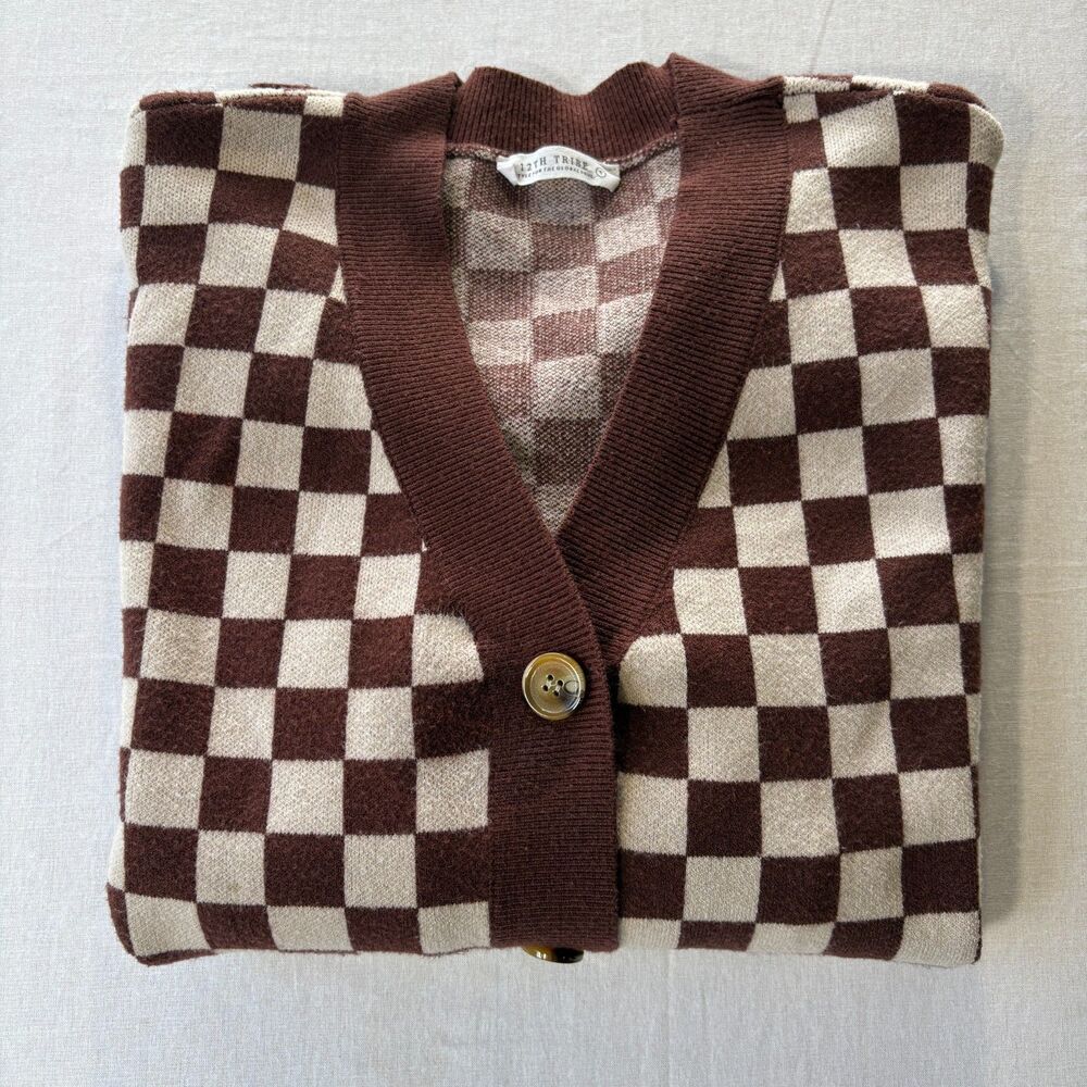 12th Tribe Brown Cream Checkerboard Button Front Knit Cardigan Small